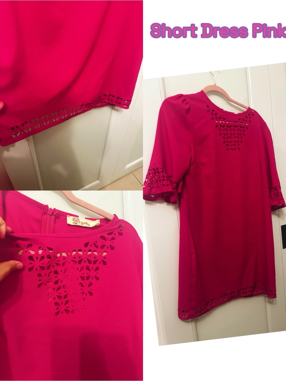 Women's Long Sleeve Laser-Cut Shift Dress in Fuchsia